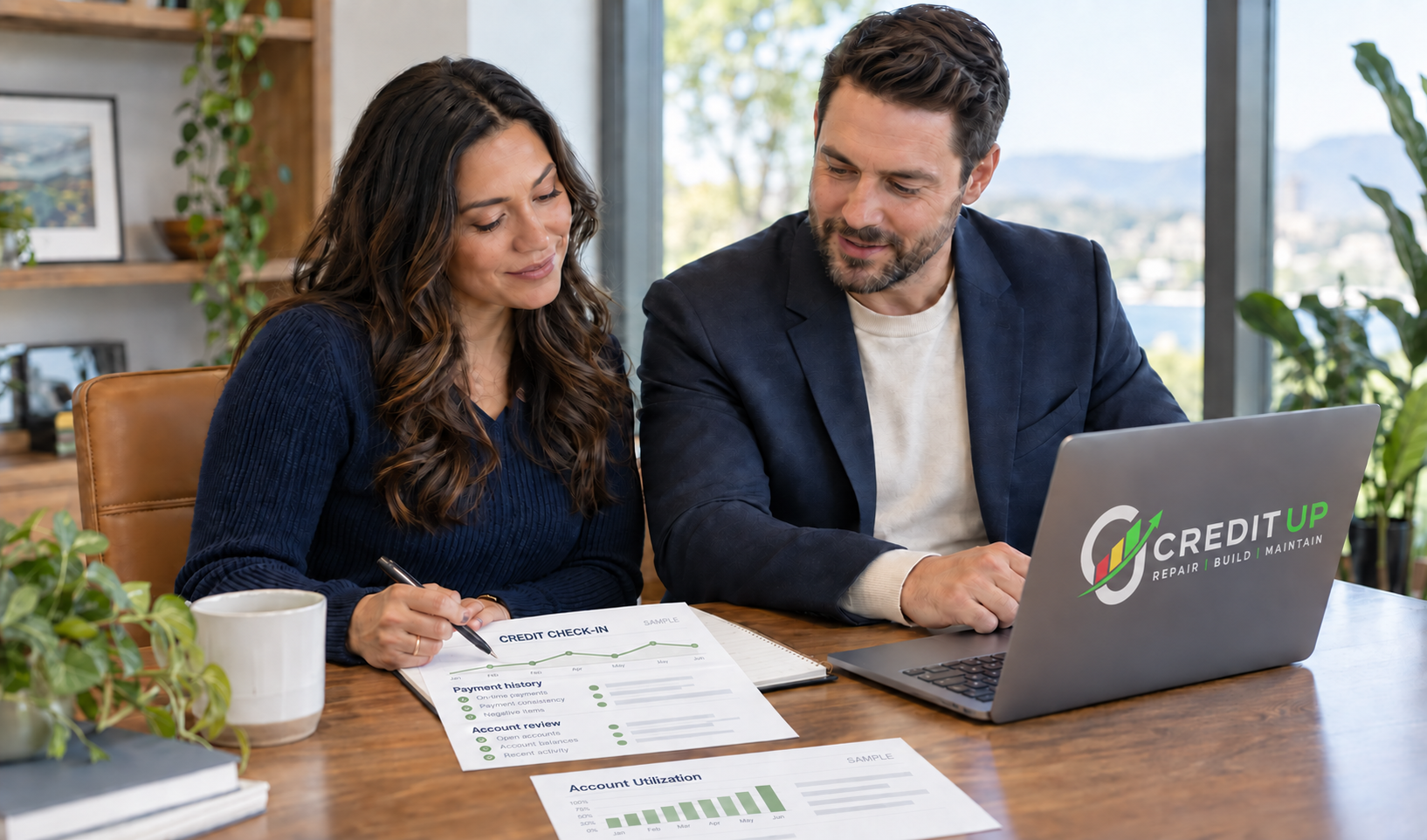 A client and specialist reviewing a monthly financial plan together